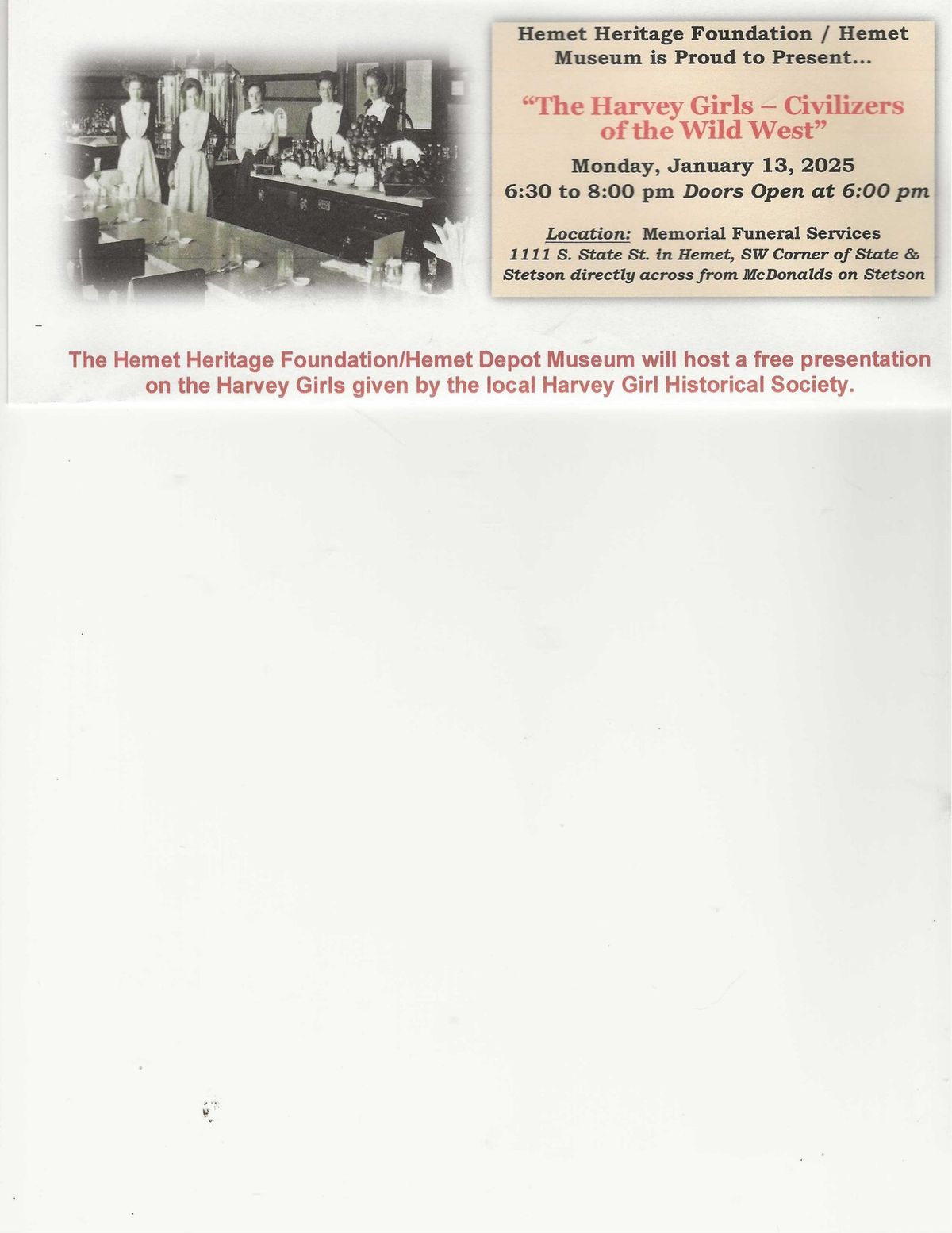 Hemet Heritage Foundation\/Hemet Museum Presents "The Harvey Girls - Civilizers of the Wild West" 