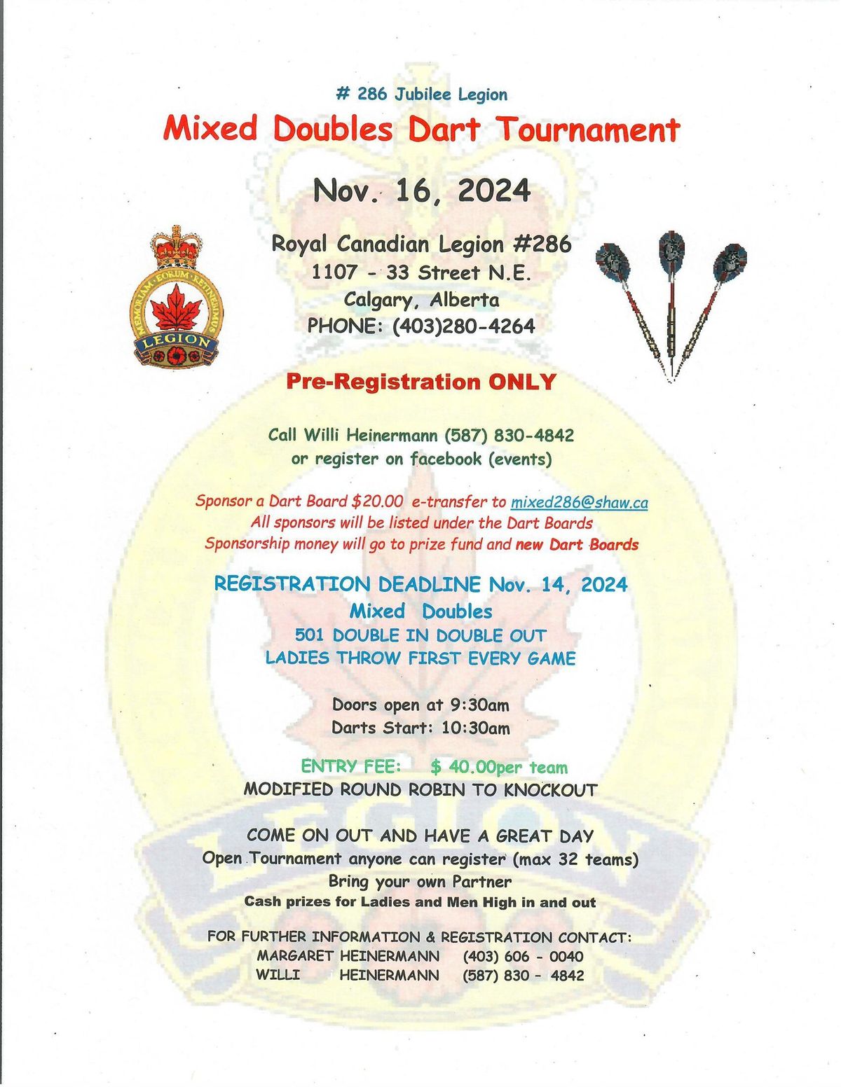 Mixed Doubles Dart Tournament at 286 Legion