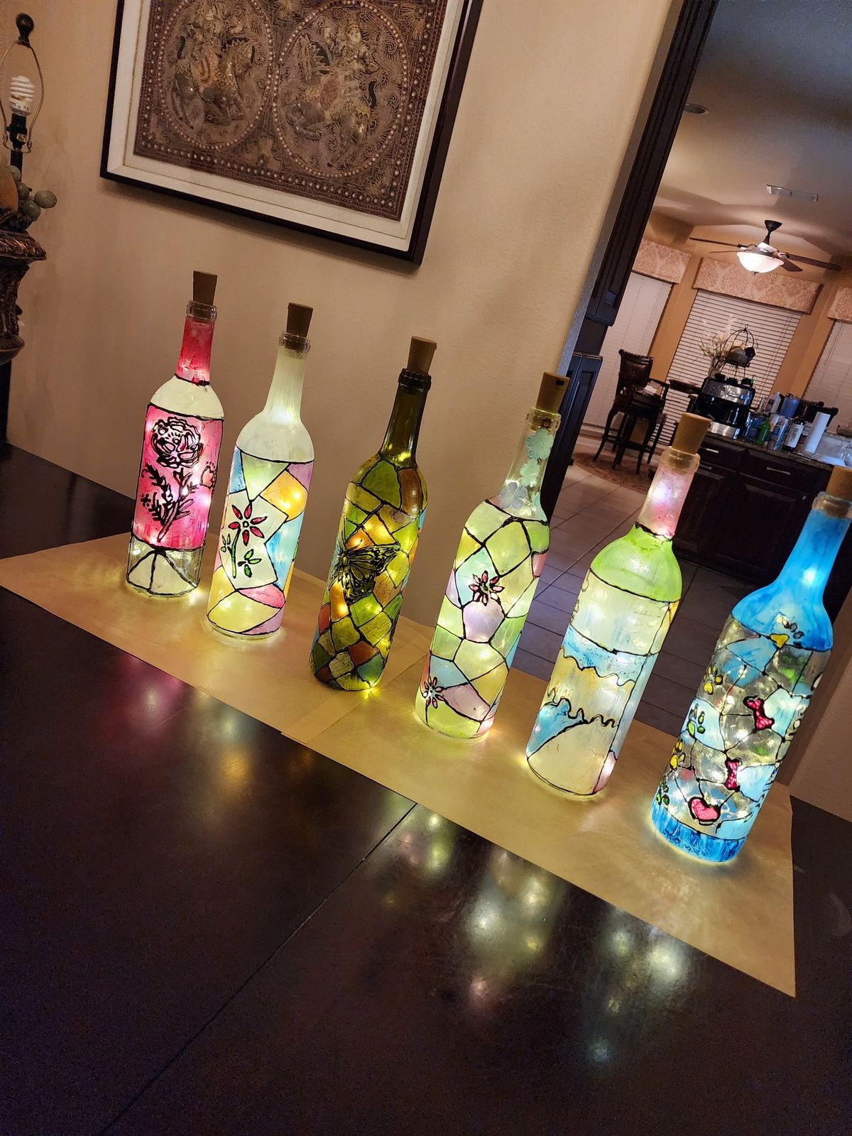 Stain Glass Wine Bottle Decorating w\/lights