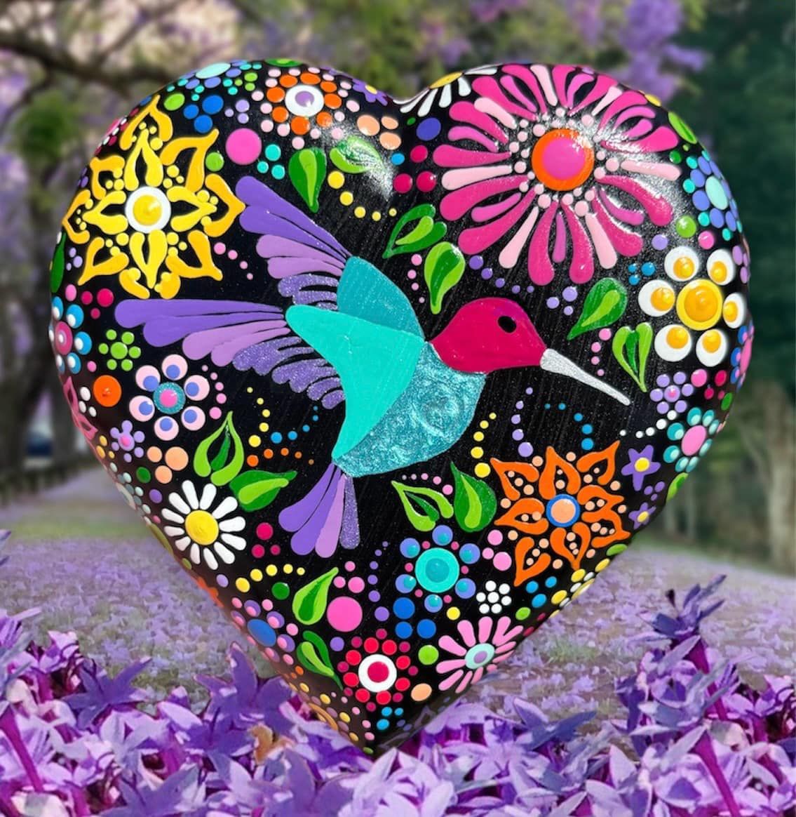 Hummingbird on Heart Stone Painting Class 