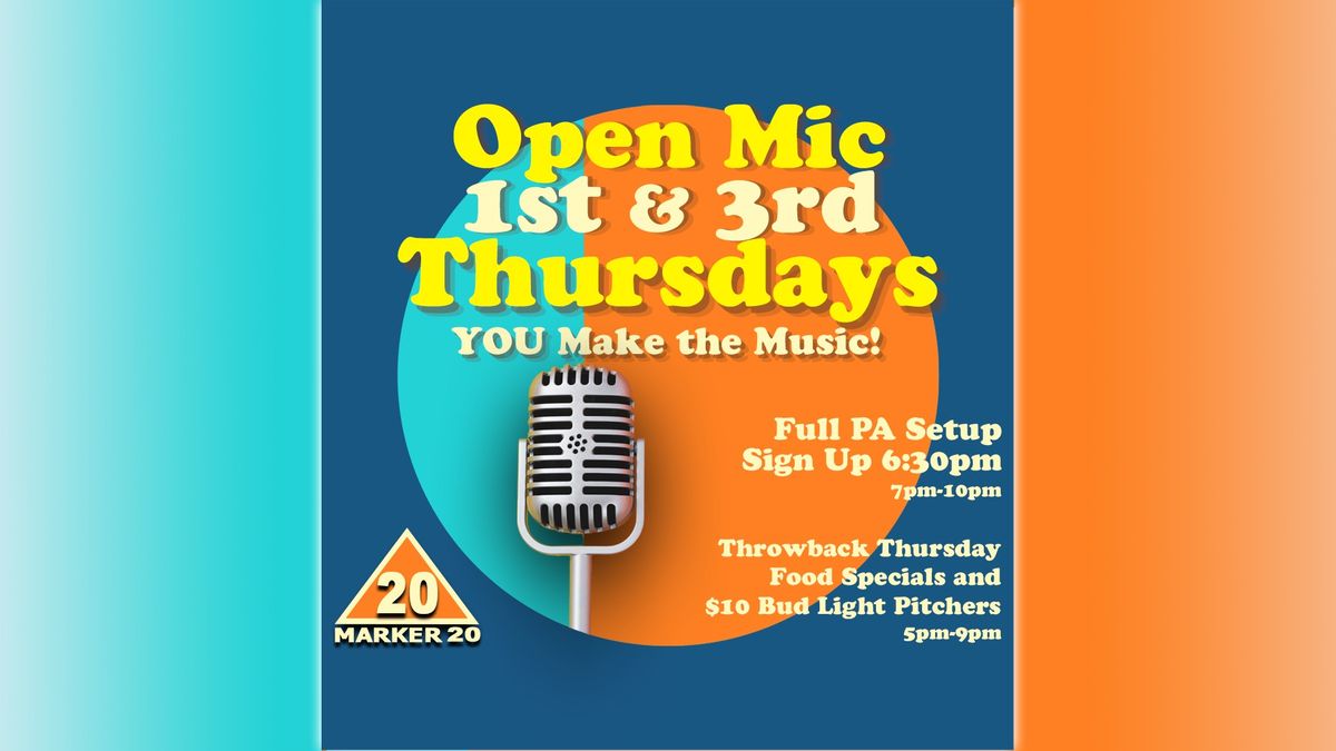 Open Mic 1st & 3rd Thursdays at Marker 20