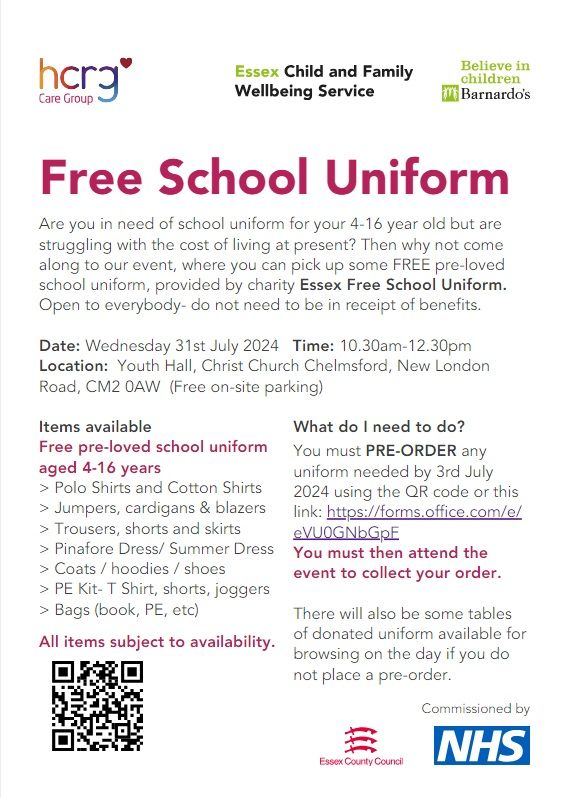 Chelmsford- \ud83c\udf92FREE SCHOOL UNIFORM event\ud83c\udf92 with arts, crafts and Information Stands of local services