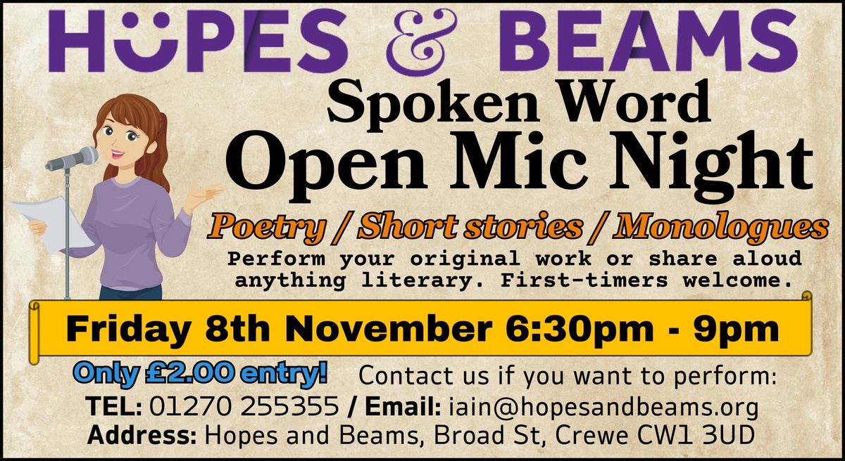 Spoken Word Open Mic Night (FRI 8 NOV) at Hopes and Beams