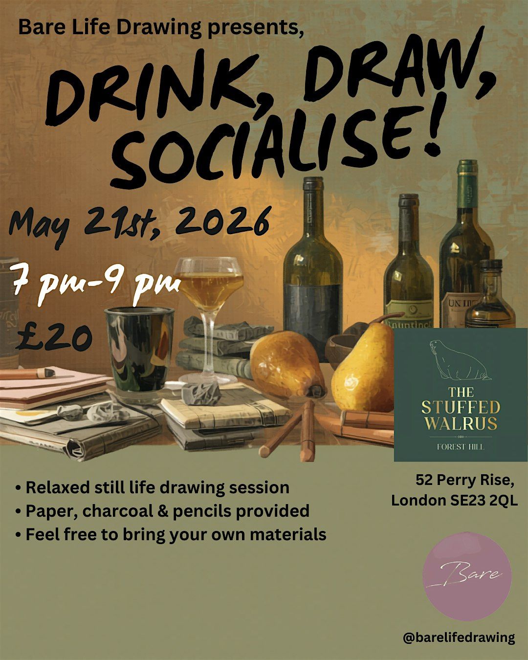 Drink, Draw & Socialise \u2013 Still Life Drawing | Forest Hill
