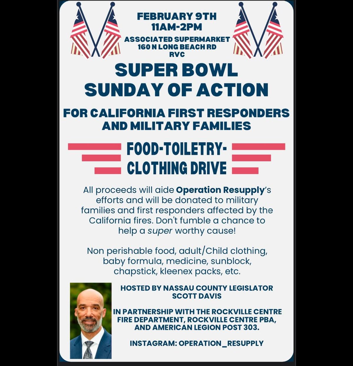 Super Bowl Sunday Food\/Toiletry\/Clothing Drive for California First Responders and Military Families