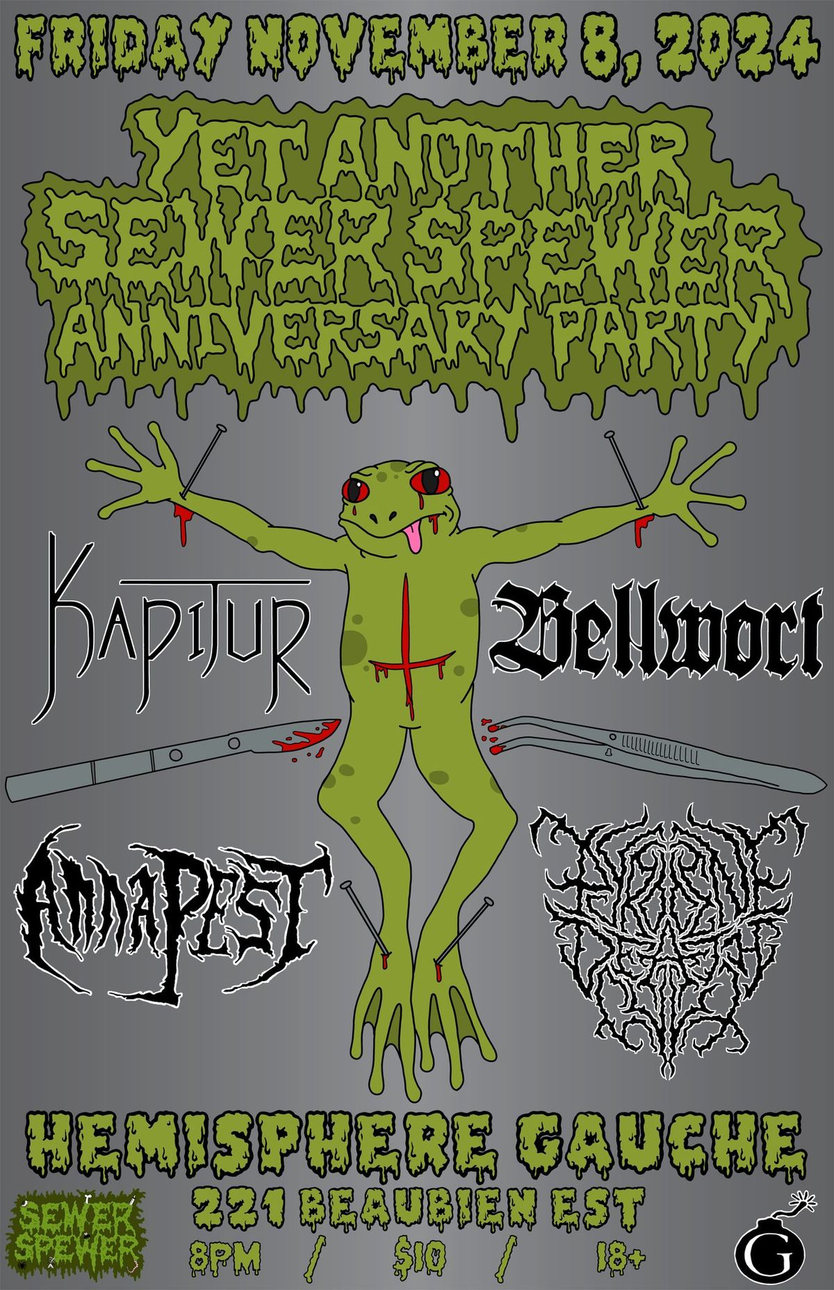 SEWER SPEWER ANNIVERSARY! w\/ Kapitur, Anna Pest, Bellwort & Pyrocene Death Cult