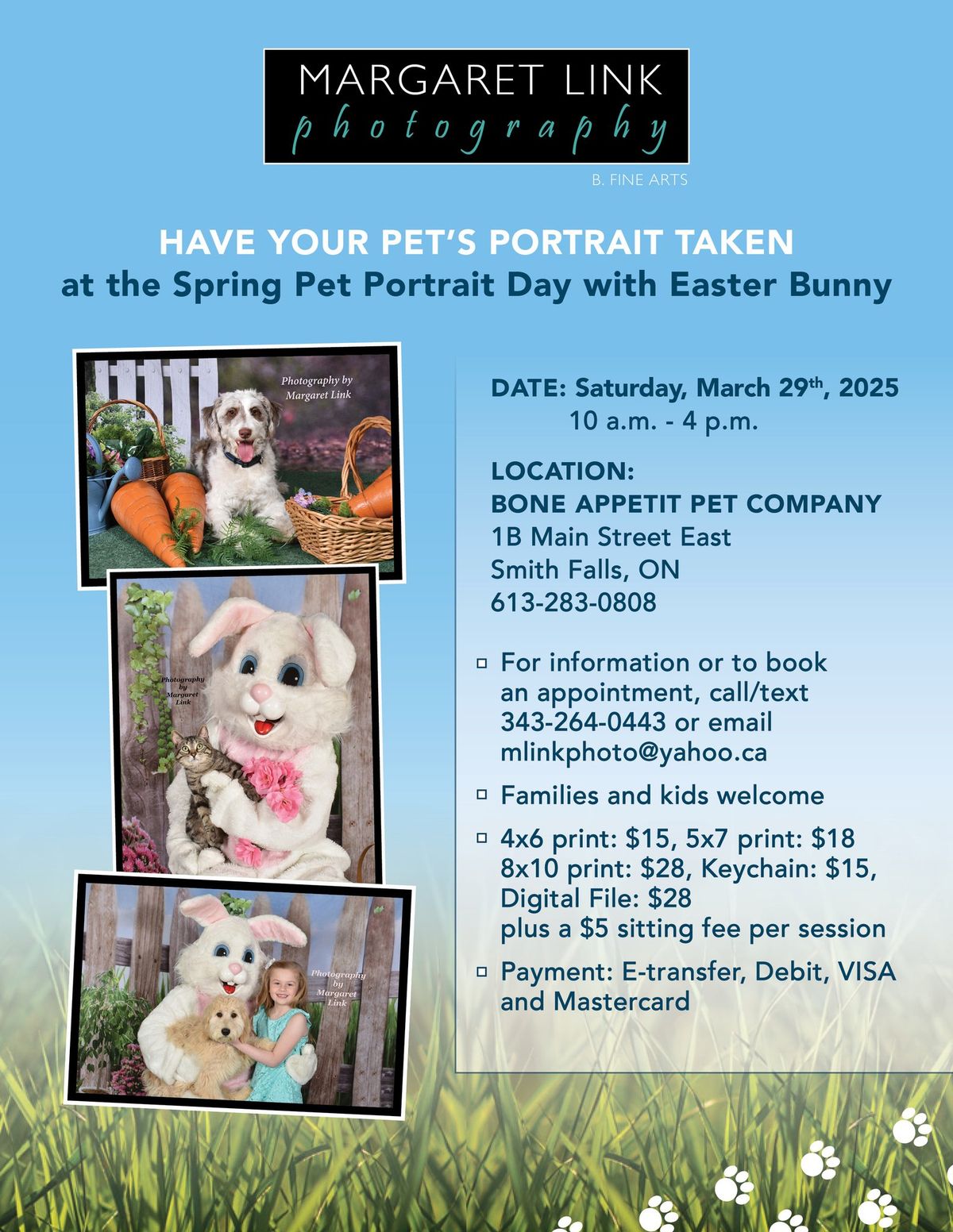 Spring Pet Portrait day with Easter Bunny at Bone Appetit Saturday March 29th call\/text 343 264 0443