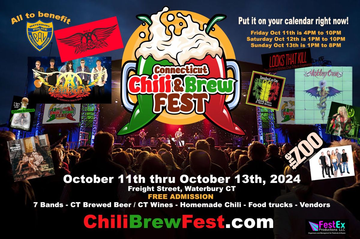 CT Chili & Brew Fest with 7 LIVE BANDS, Comedy & Food Trucks happening Oct 11-13 in Waterbury, CT