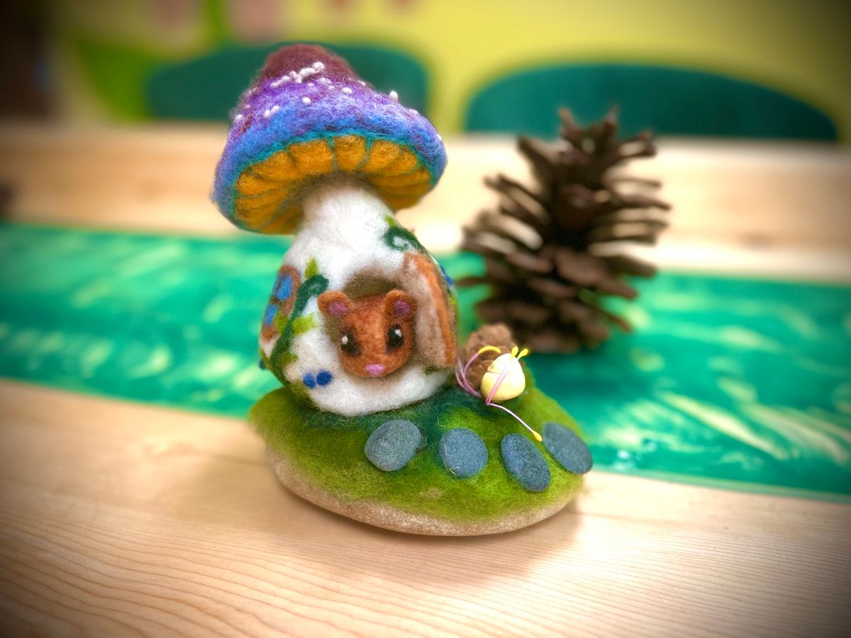 Needle Felted Mushroom house and Tiny Mouse - $50