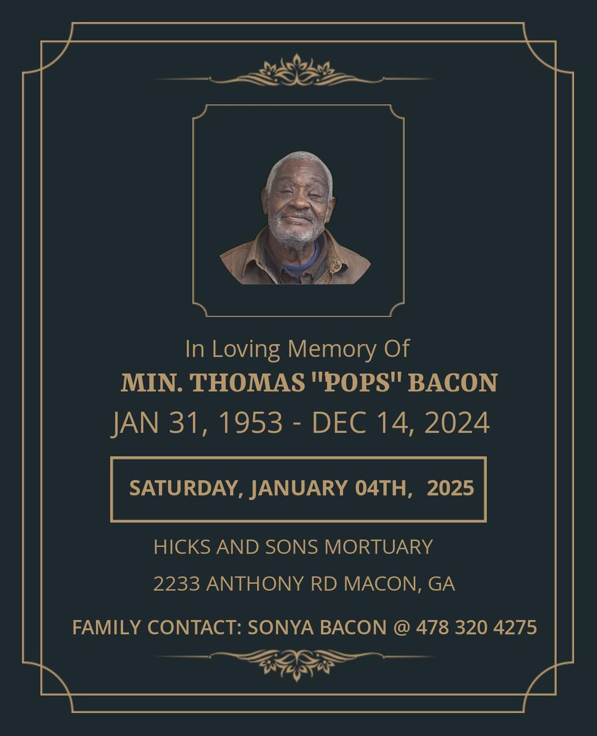 Celebration Of Life for the late \u201cThomas D. Bacon Sr\u201d