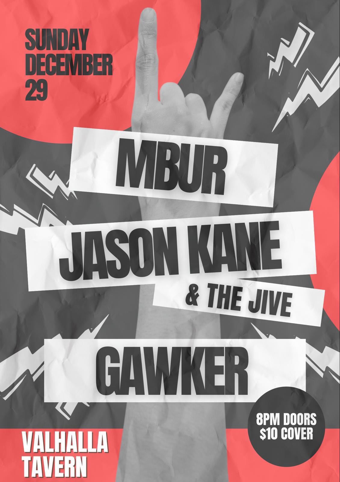 Sunday Dec 29 Gawker, Jason Kane & the Jive, Mbur