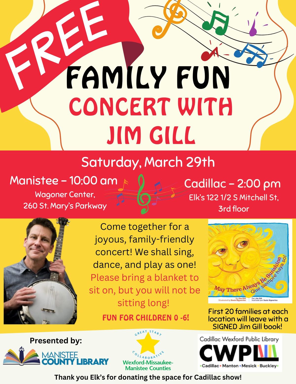 Free Family Fun Concert with Jim Gill - Cadillac Event