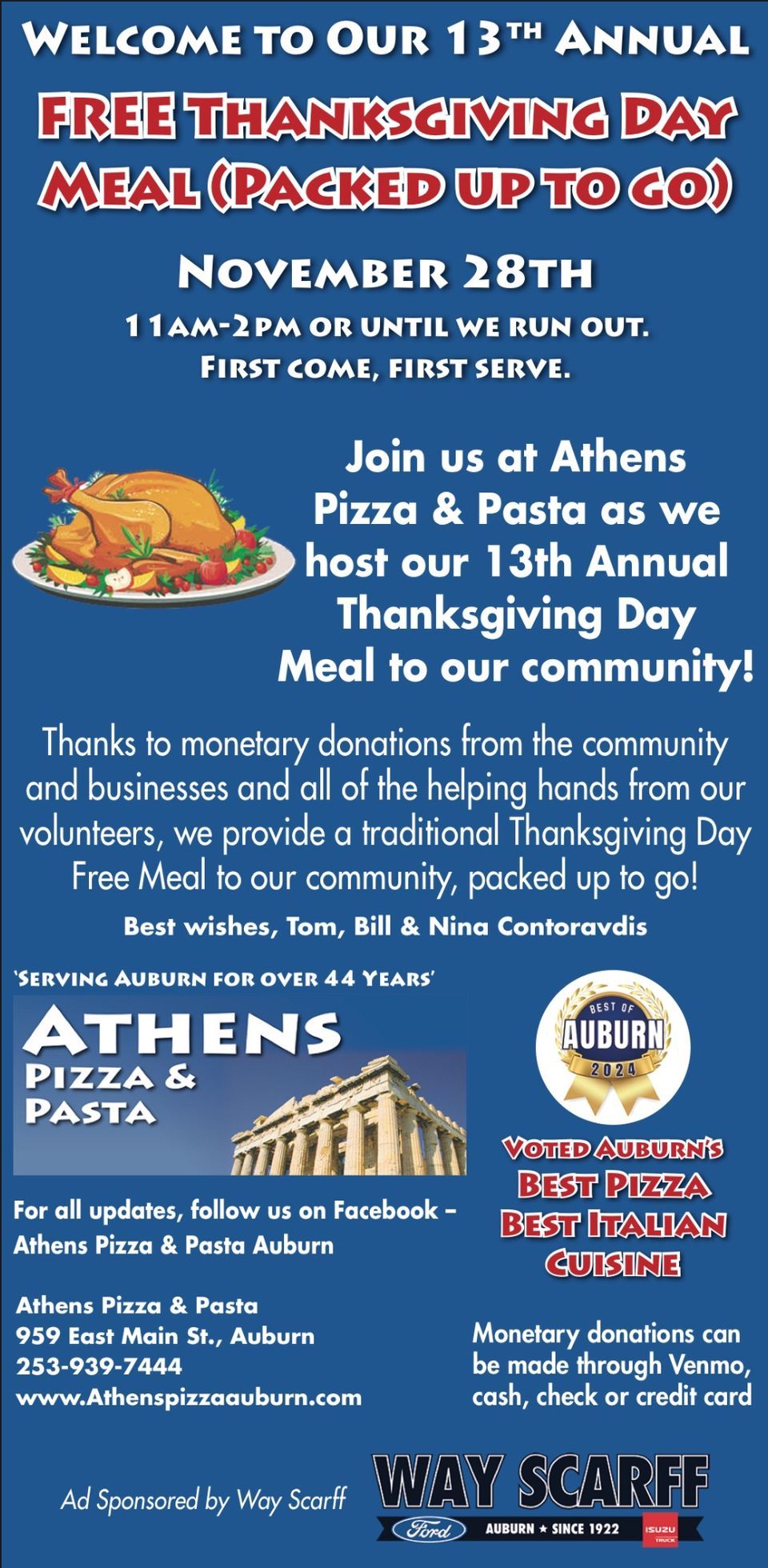 Athens Pizza Free Thanksgiving Day Meals