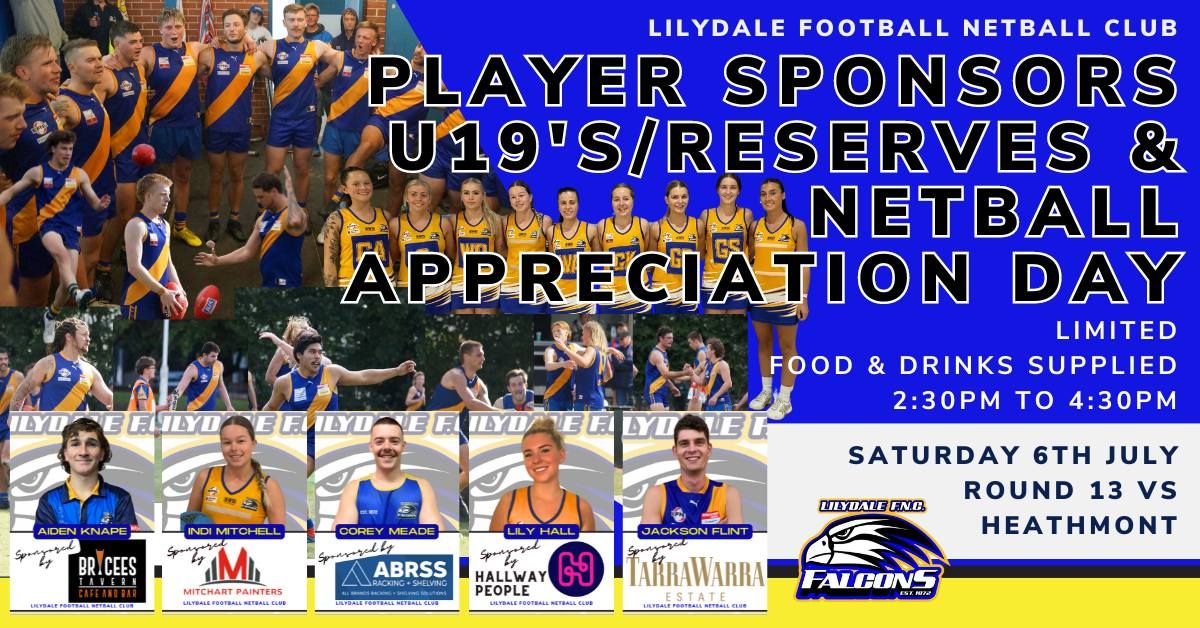 APPRECIATION AFTERNOON - Player Sponsors, Reserves\/U19's & Netball