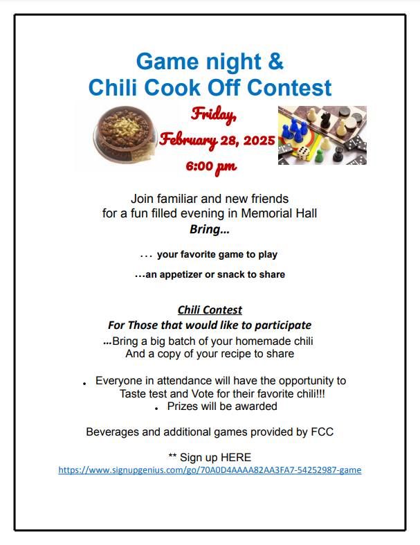 Game Night & Chili Cook-Off Contest @ FCC