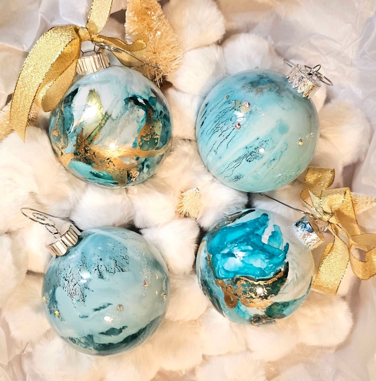 Fluid Art with alcohol ink set of 4 ornaments