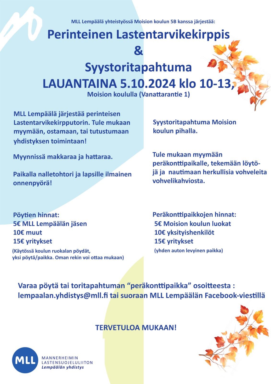 MLL Lemp\u00e4\u00e4l\u00e4n Perinteinen Lastentarvikekirppis + Syystoritapahtuma