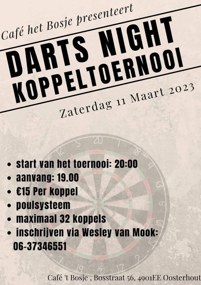 Darts Night Koppeltoernooi 2023, Bosstraat 56, 4901 EE Oosterhout, Nederland, 11 March 2023