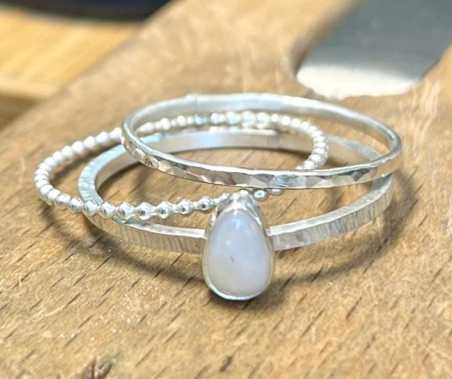 Silver stacking rings with a gem workshop \u00a370