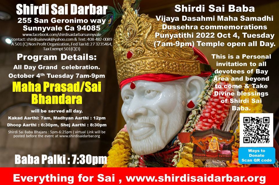 Shri Shirdi Sai baba Vijaya Dasahmi Maha Samadhi Dussehra Festival 2022 , Oct 4th Tuesday 7am-9pm,.