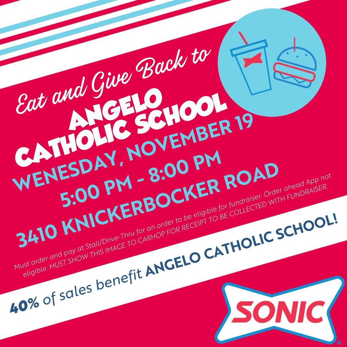 Angelo Catholic School Sonic Fundraiser Night