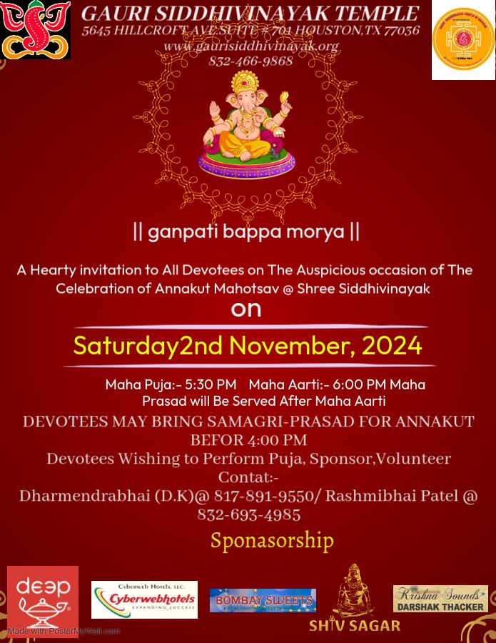 Shree Siddhivinayak Annakut Mahotsav on Saturday,2,Nov,2024