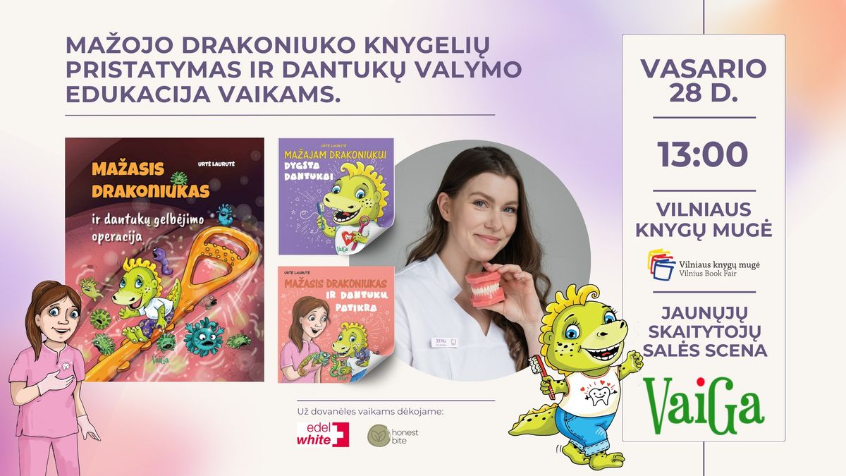 Ma\u017eojo drakoniuko knygeli\u0173 pristatymas ir dantuk\u0173 valymo edukacija vaikams.