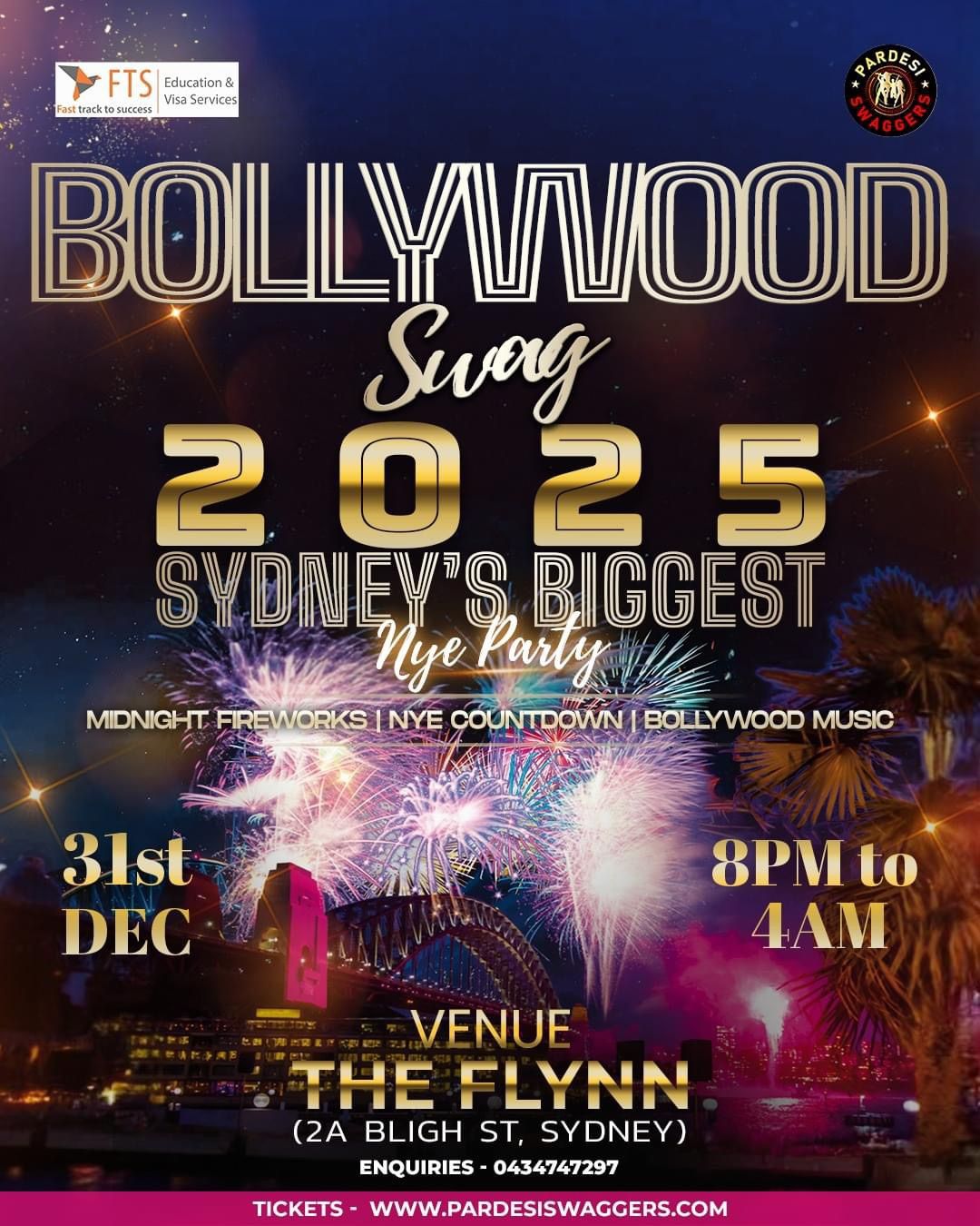 Bollywood Swag 2025-Sydney's Biggest NYE Party With Live Midnight Fireworks