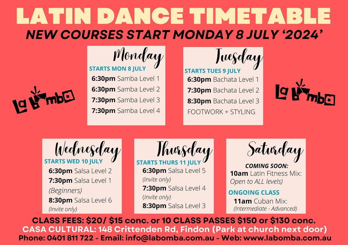 Latin Dance Timetable at LA BOMBA