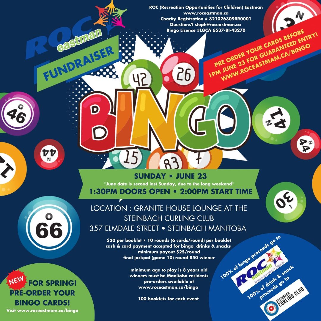 Sun Jun 23 Charity Bingo Fundraiser in support of ROC Eastman - preorder online!