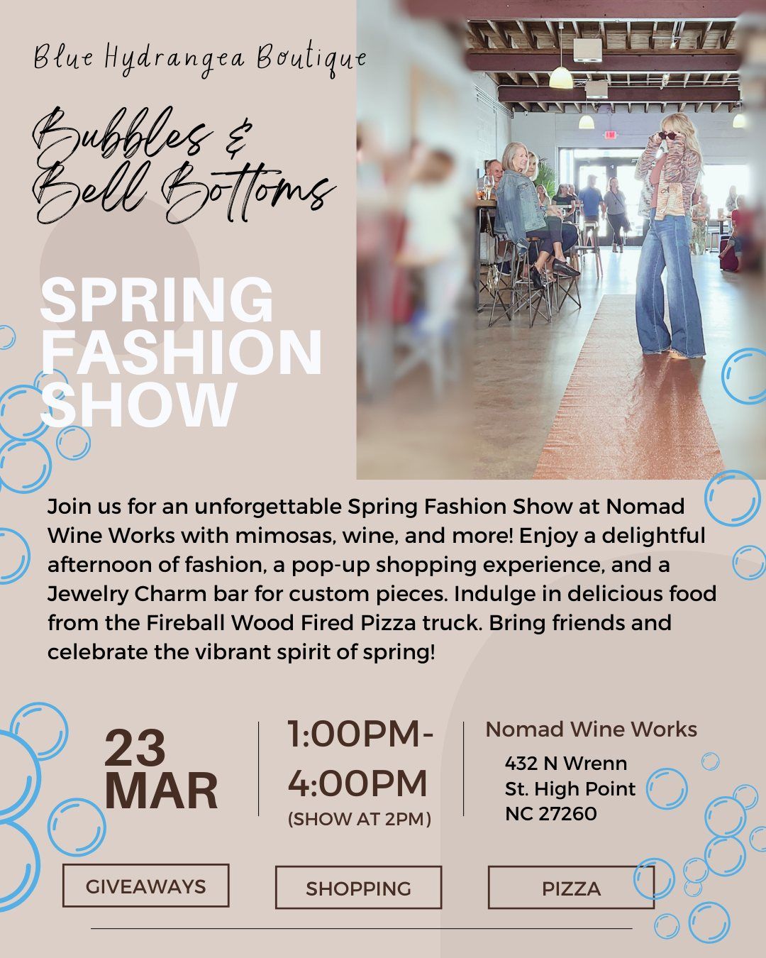 Bubbles & Bellbottoms Spring Fashion Show at Nomad Wine Works