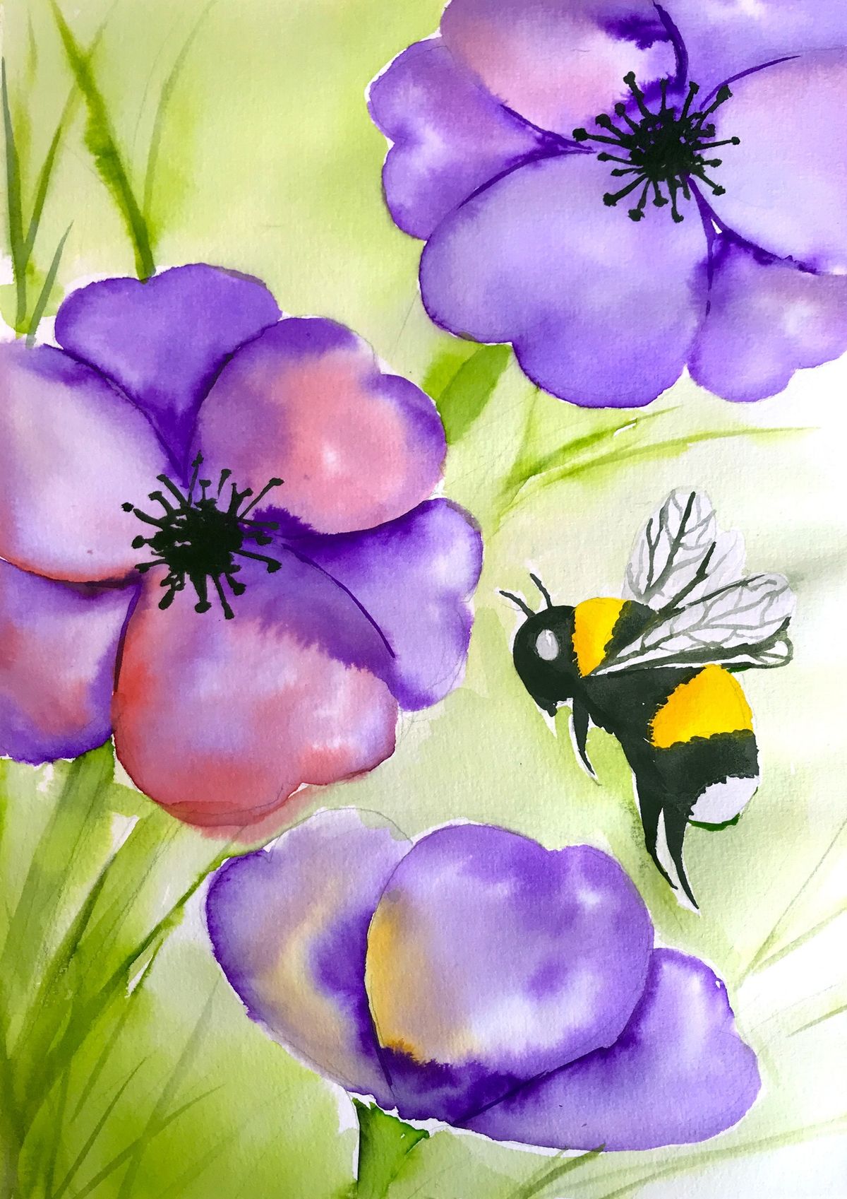 Watercolour and Wine Night in Dunedin - Bumble Bee With Flowers