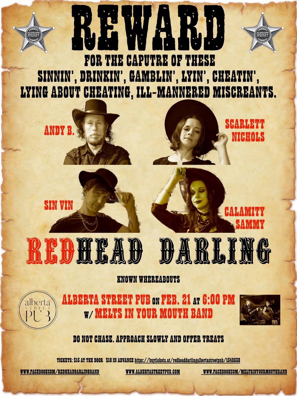 Alberta Street Pub Presents: REDHEAD DARLING with Guests, Melts In Your Mouth Band