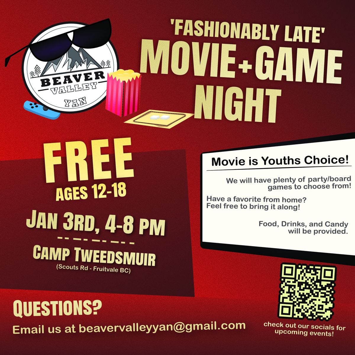 "Fashionably Late" Youth Movie and Game Night! 