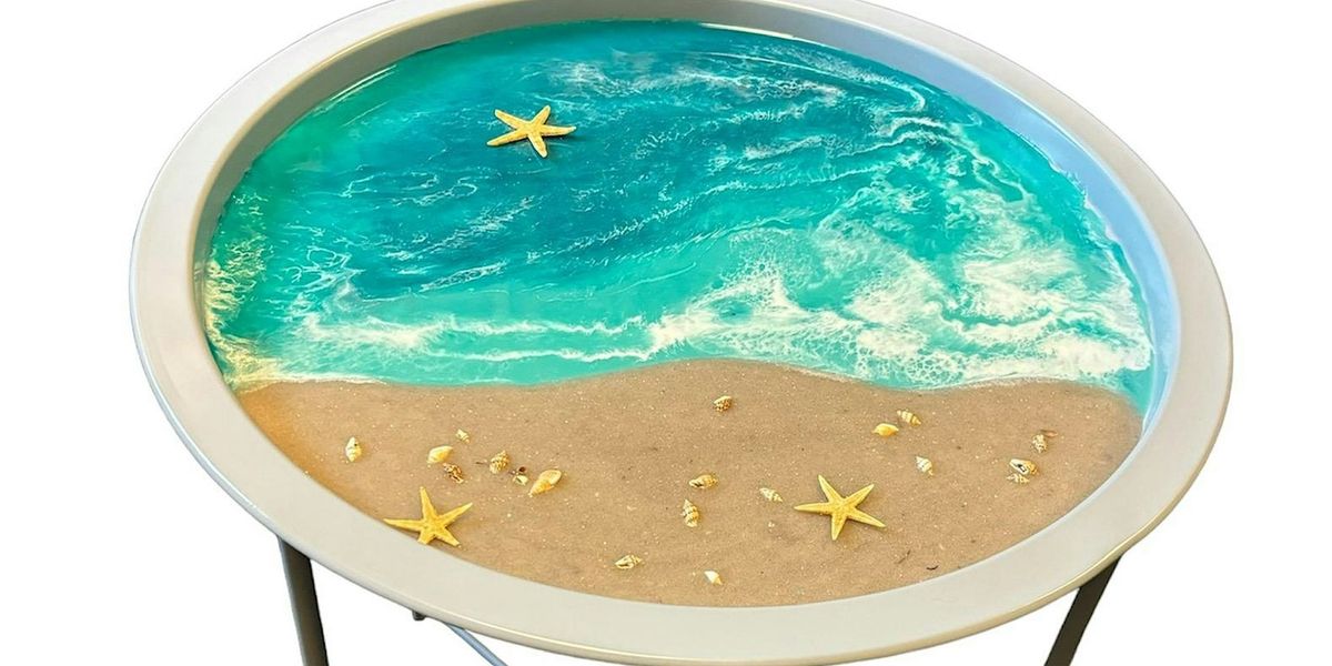 Beach Resin Seascape Workshop on a Metal Folding Tray Table