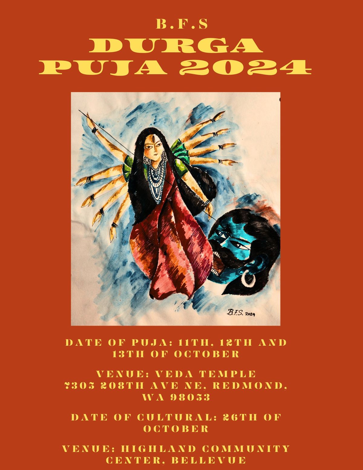 B.F.S Durga Puja 2024, VEDA Temple, Redmond, 11 October to 13 October