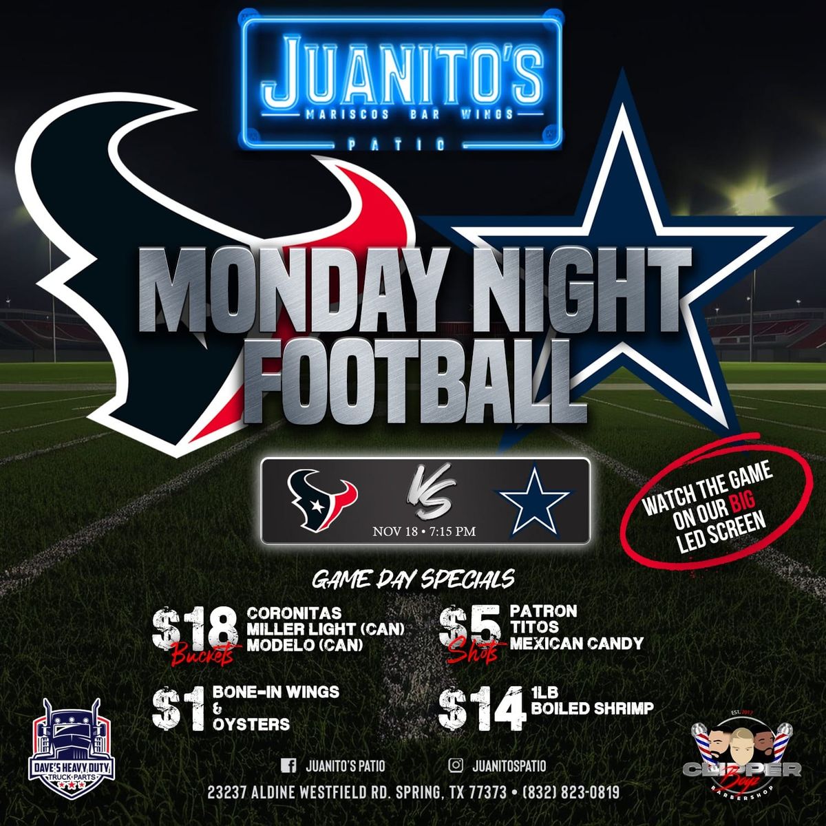 Texans vs Dallas Watch Party Monday Night Football