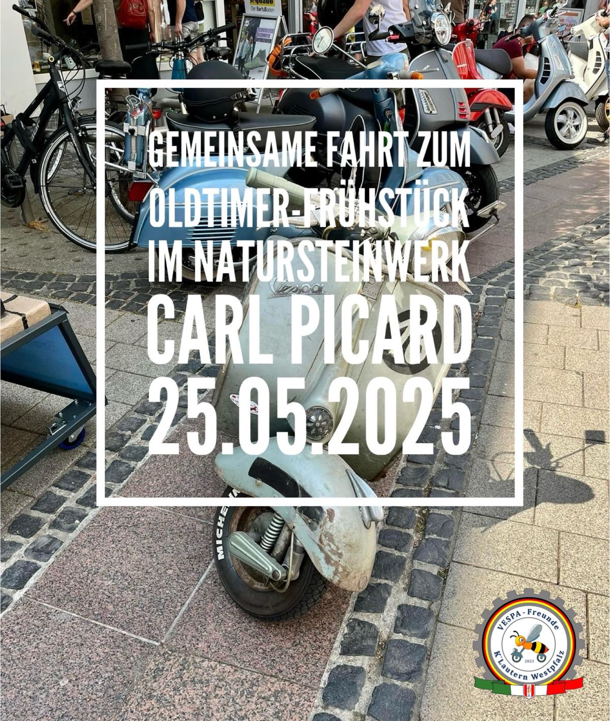 Oldtimer-Fr\u00fchst\u00fcck beim Carl Picard Natursteinwerk - gemeinsamer Besuch der Vespa-Freunde KLWP