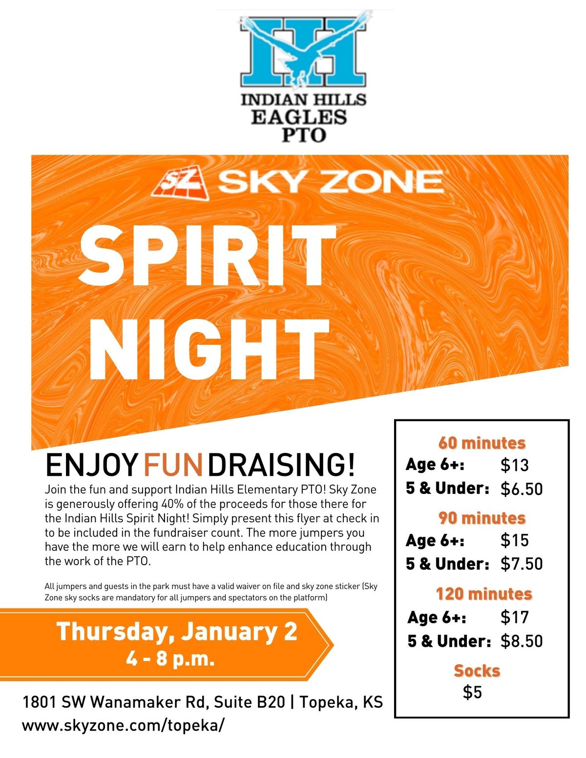 Sky Zone Spirit Night for Indian Hills Elementary