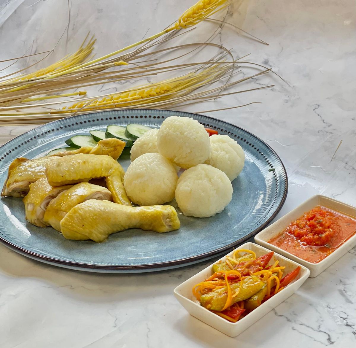 Hainanese Chicken & Rice Ball with Achar & Chili Sauce