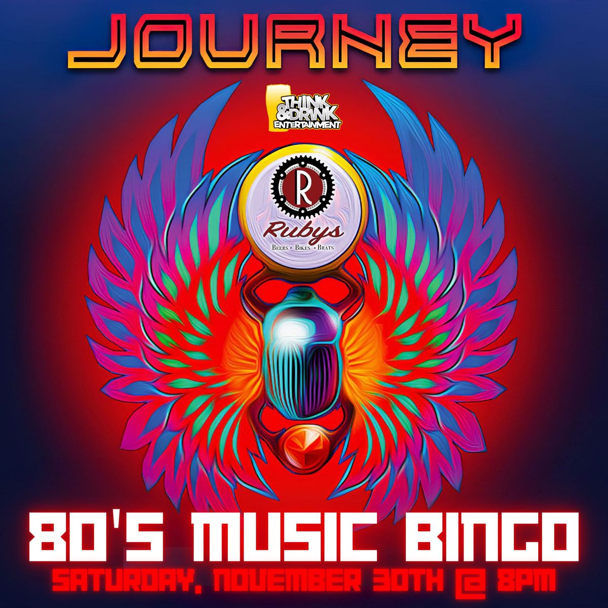 80's Music Bingo feat. Journey @ Rubys Beers Bikes & Brats (Davenport, IA) \/ Sat Nov 30th @ 8pm