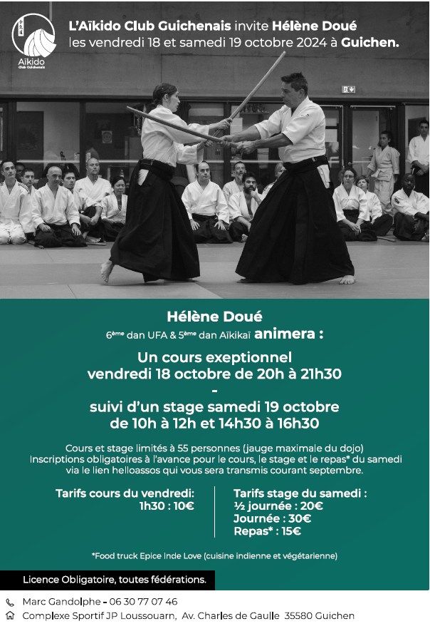 cours anim\u00e9 par H\u00e9l\u00e8ne Dou\u00e9 le vendredi 18 octobre \u00e0 20H et Stage H\u00e9l\u00e8ne Dou\u00e9 le samedi 19 octobre