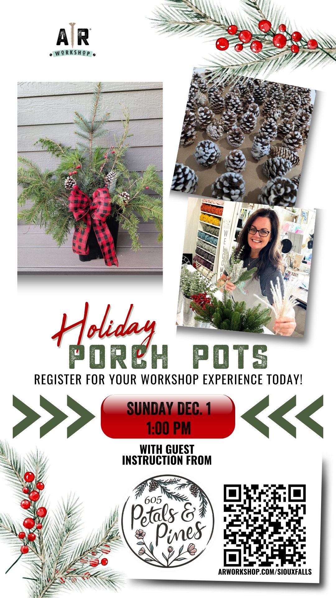 HOLIDAY PORCH POTS WITH 605 PETALS & PINES