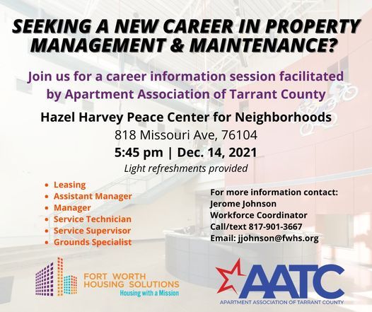 CAREERS IN PROPERTY MANAGEMENT & MAINTENANCE, Hazel Harvey Peace Center for  Neighborhoods, Fort Worth, 14 December 2021