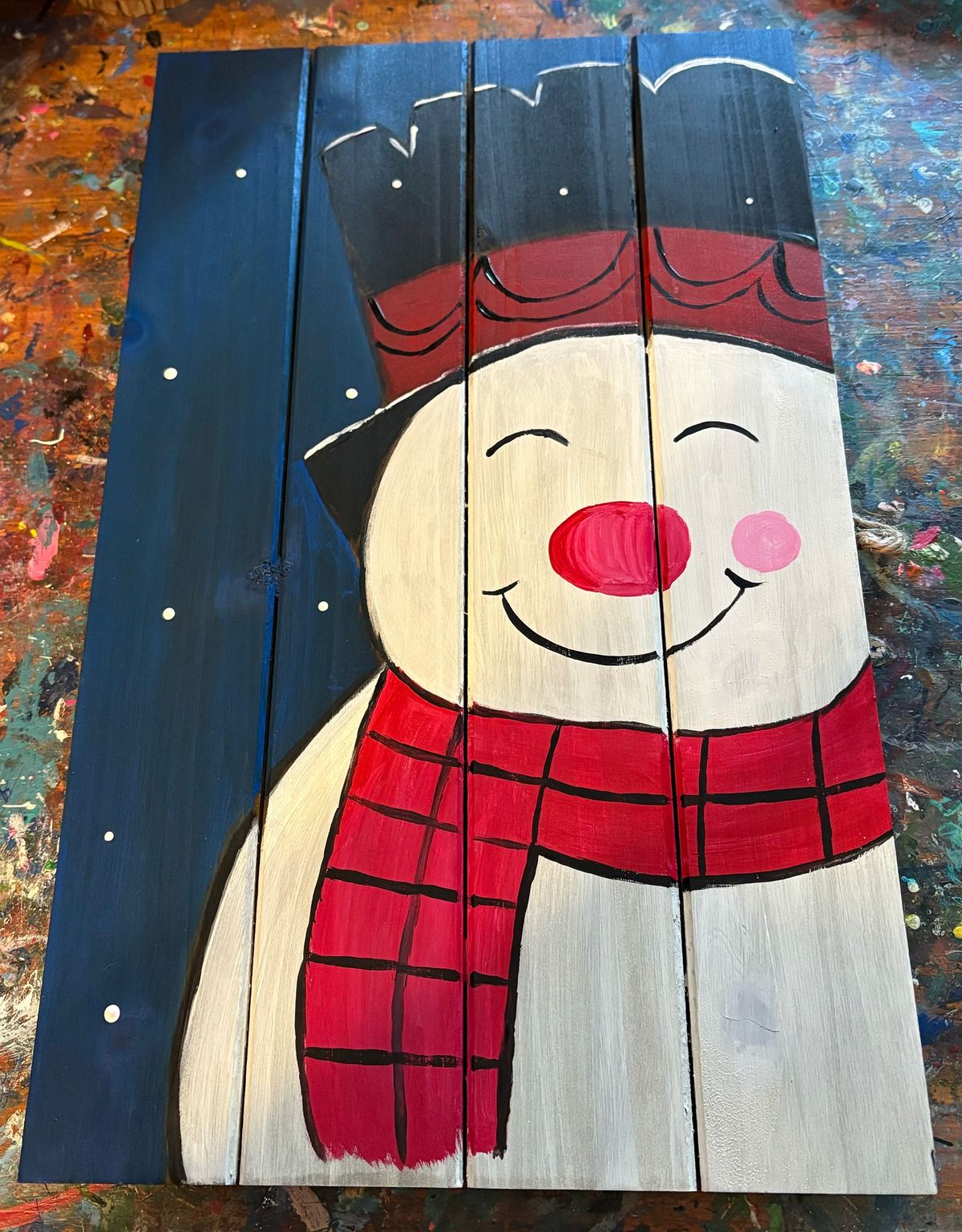 Snowman wood pallet paint night at Untold brewing in Plymouth 