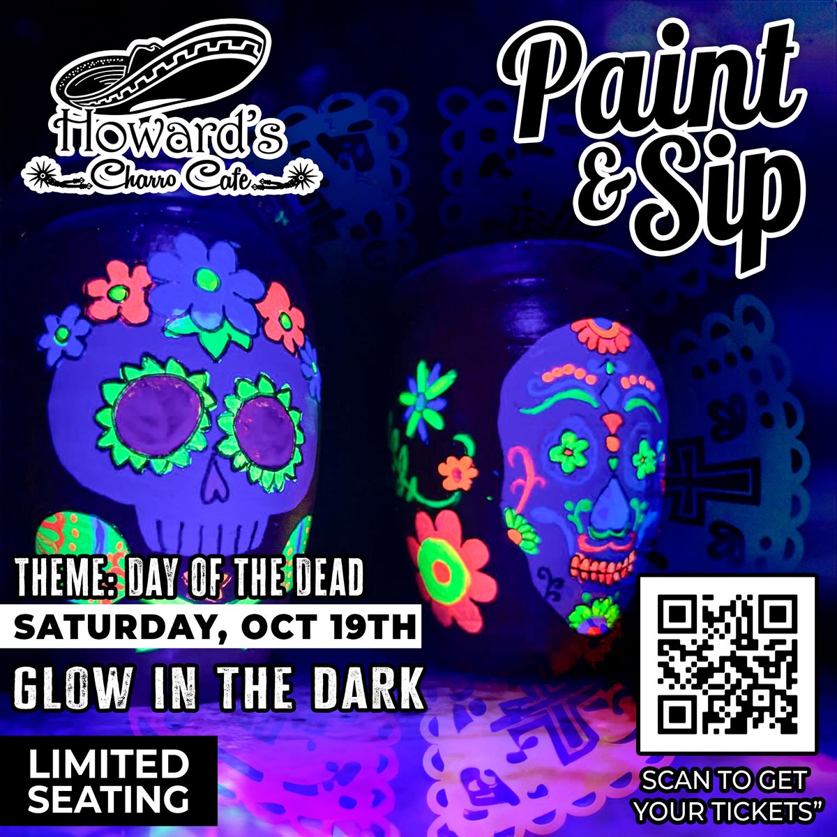 PAINT & SIP GLOW IN THE DARK "Day of the Dead" SAT, OCT 19TH