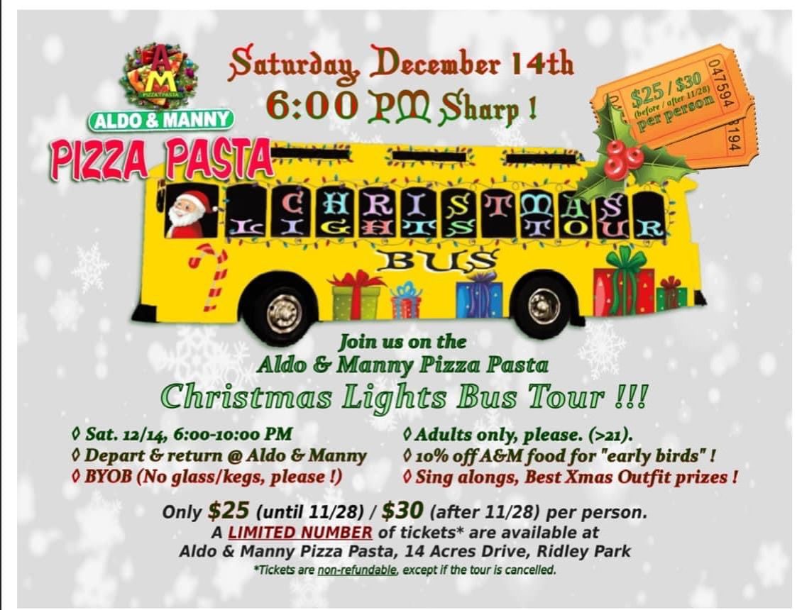 Aldo & Manny Pizza Pasta Christmas Lights Bus Tour