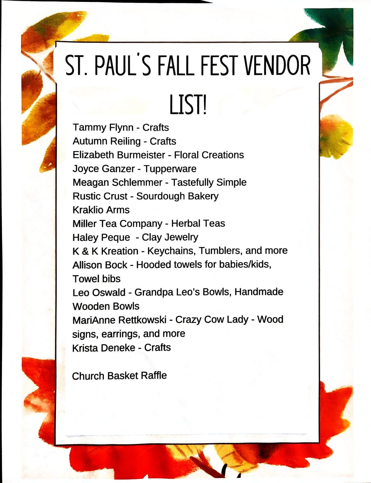 St. Paul's 3rd Annual Fall Fest Vendor List