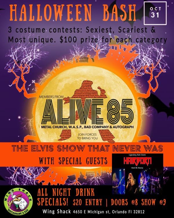 Halloween Party Show & costume contests with a tribute to Elvis with Alive 85 Band & Hairborn