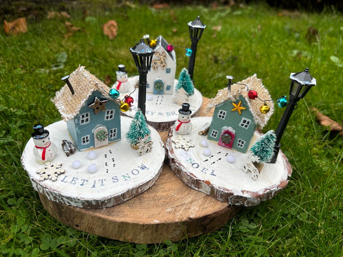 Wooden Slice Christmas House Scene